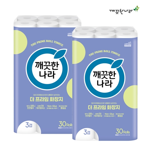 [깨끗한나라] 3겹 데코엠보 더 프라임 롤화장지 25m 30롤 x 2팩