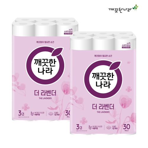 [깨끗한나라] 3겹 데코엠보 더 라벤더 25m 30롤 x 2팩