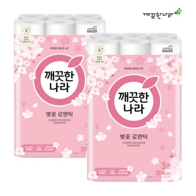 초특가_한정수량[깨끗한나라] 3겹 벚꽃 로맨틱 27m 30롤 x 2팩